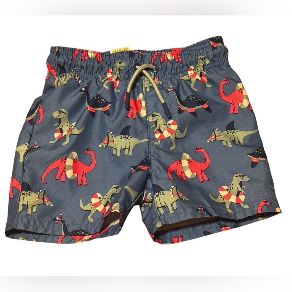 Boys NWT Cat & Jack Dinosaurs Swim Trunks Blue Pink Tie Waste Lined Sz 12 Months